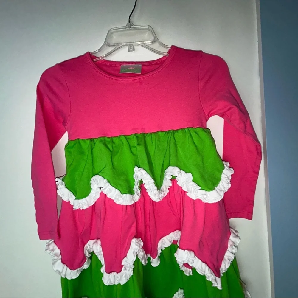 Lilly Wolly‎ Doodle Girls Pink and Green Ruffled Dress Girls 6/7